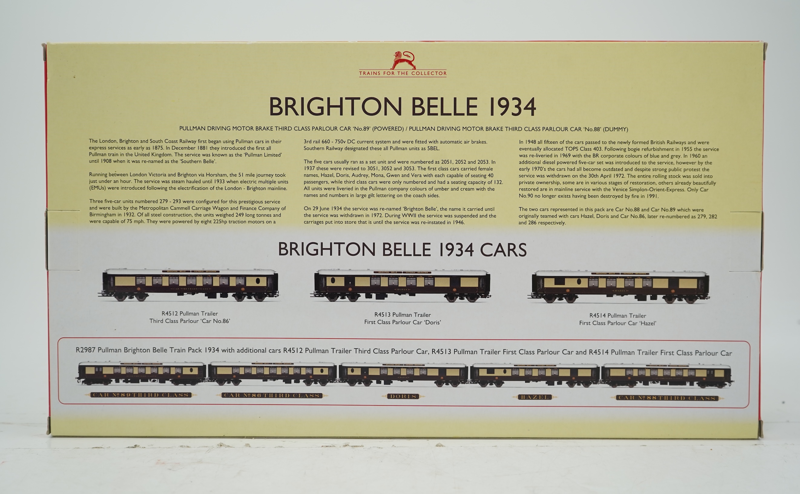 Hornby Hobbies 00 gauge railway Brighton Belle 2-car train pack in 1934 livery (R4512, R4513 and R4514).